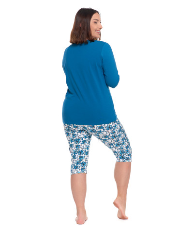 Długi rękaw - Damska piżama 3/4 rękaw spodnie w kwiatowym wzorze Plus Size NIEBIESKI - produkt 2