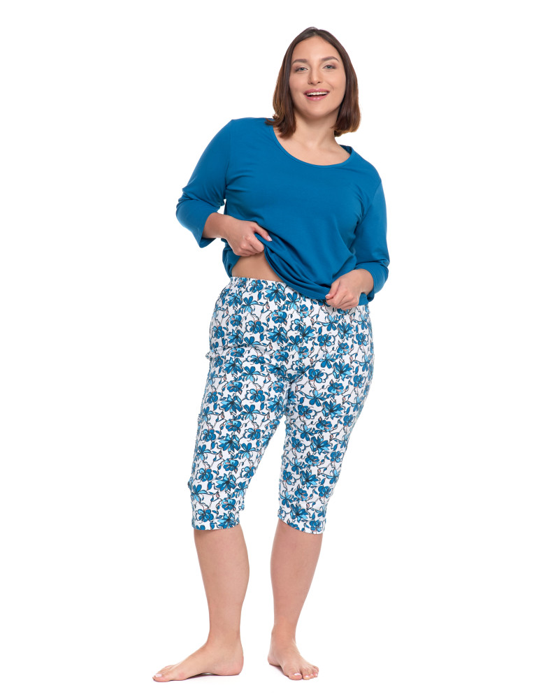 Długi rękaw - Damska piżama 3/4 rękaw spodnie w kwiatowym wzorze Plus Size NIEBIESKI - produkt moraj.pl 3