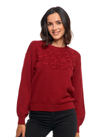 Swetry - Sweter damski bawełniany oversize z aplikacją kwiatową CZERWONY - produkt 1