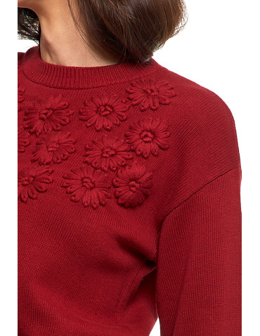 Swetry - Sweter damski bawełniany oversize z aplikacją kwiatową CZERWONY - produkt 2
