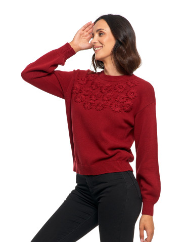 Swetry - Sweter damski bawełniany oversize z aplikacją kwiatową CZERWONY - produkt 5