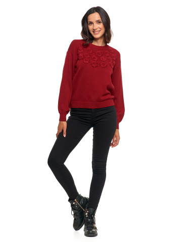 Swetry - Sweter damski bawełniany oversize z aplikacją kwiatową CZERWONY - produkt 9