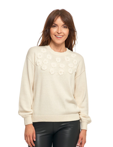 Swetry - Sweter damski bawełniany oversize z aplikacją kwiatową KREMOWY - produkt 1