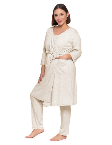Szlafroki - Krótki szlafrok damski Plus Size z prążkowanej dzianiny BEŻOWY - produkt 1