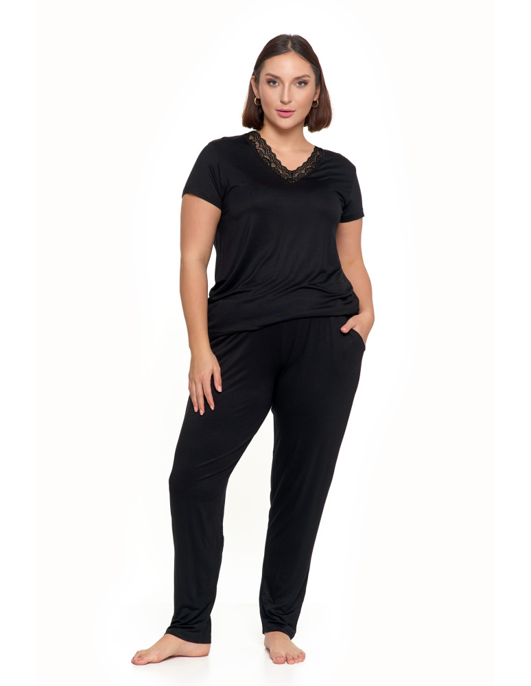 Krótki rękaw - Piżama damska Plus Size z wiskozy z koronkowym dekoltem CZARNY - produkt moraj.pl 1