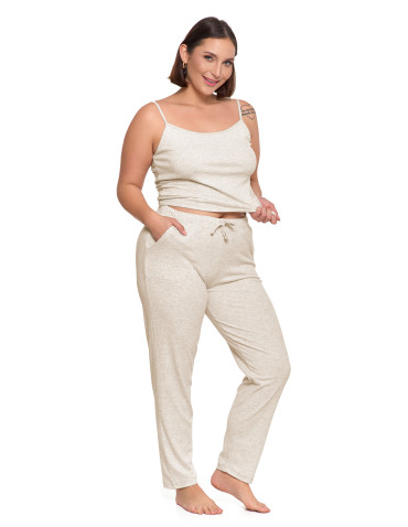 Na ramiączkach - Piżama damska na ramiączkach prążkowana dzianina Plus Size BEŻOWY - produkt 4
