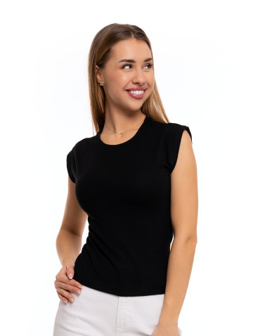 Bluzki i koszule - Bluzka damska prążkowana z krótkim rękawem cap sleeve CZARNY - produkt 4
