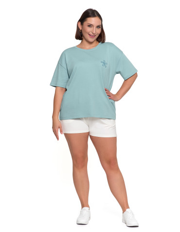Koszulki i topy - T-shirt damski luźny z haftowanym kwiatkiem NIEBIESKI - produkt 4