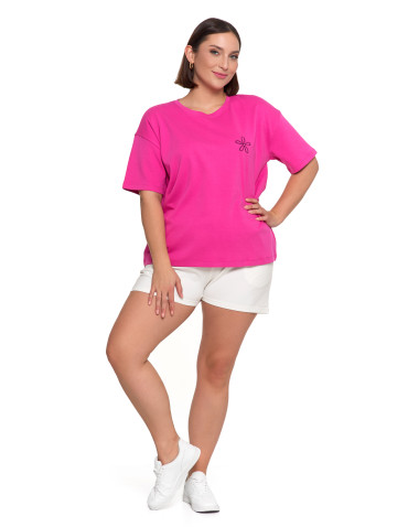 Koszulki i topy - T-shirt damski luźny z haftowanym kwiatkiem FUKSJA - produkt 4
