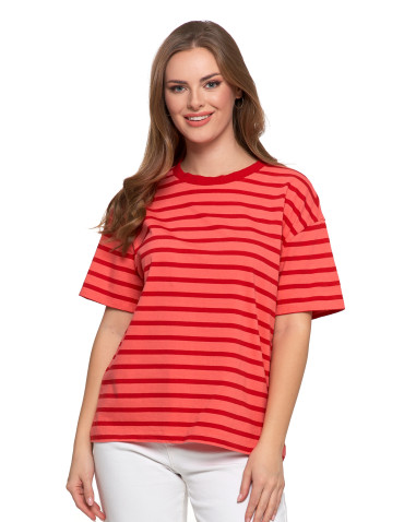 Koszulki i topy - T-shirt damski bawełniany w paski o luźnym kroju CZERWONY - produkt 1