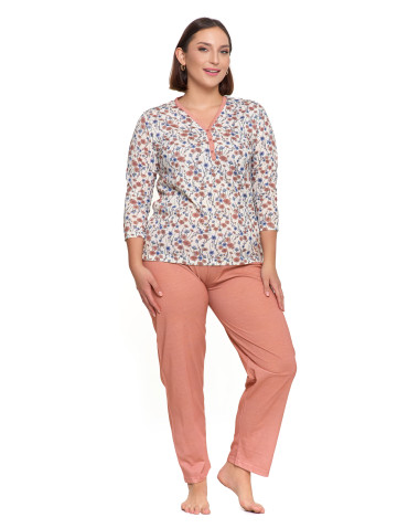 Długi rękaw - Piżama damska z 3/4 rękawem i rozpinaną bluzką Plus Size RÓŻOWY - produkt 1