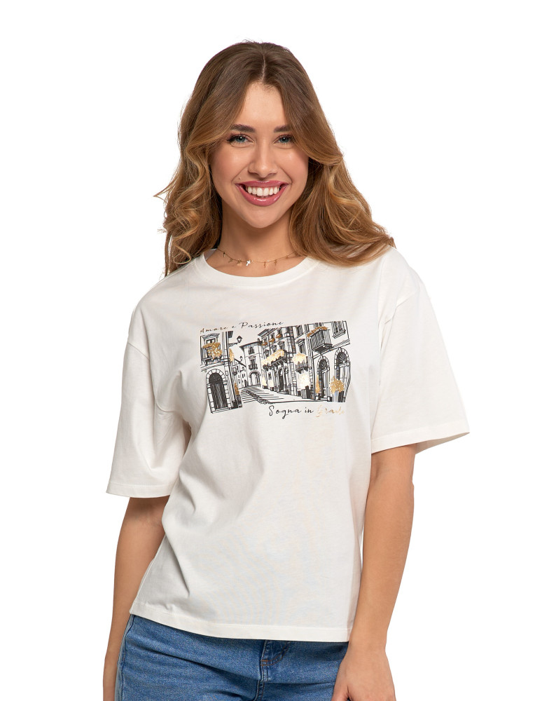 Koszulki i topy - T-shirt damski oversize z nadrukiem KREMOWY - produkt moraj.pl 1