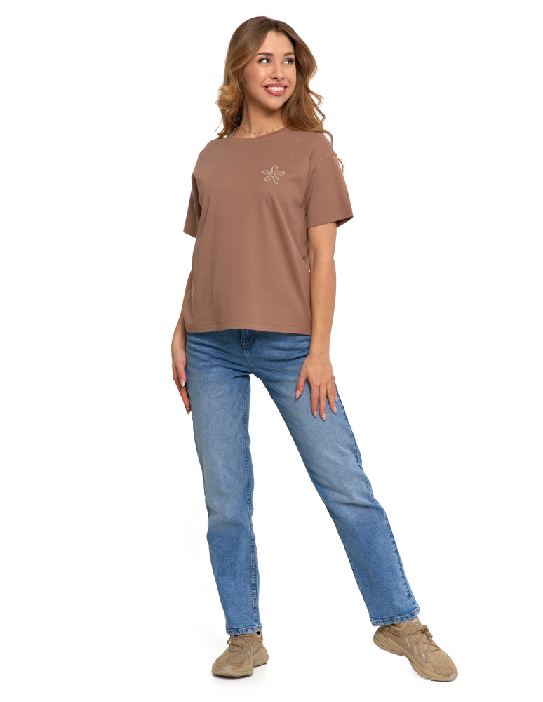 Koszulki i topy - T-shirt damski luźny z haftowanym kwiatkiem BEŻOWY - produkt moraj.pl 5