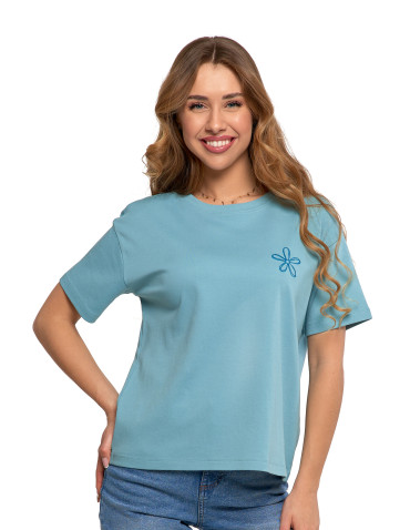 Koszulki i topy - T-shirt damski luźny z haftowanym kwiatkiem NIEBIESKI - produkt 6