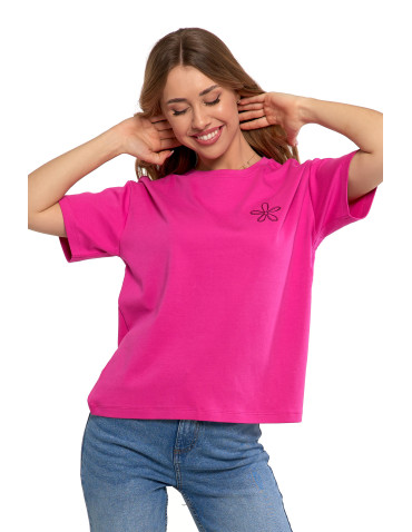 Koszulki i topy - T-shirt damski luźny z haftowanym kwiatkiem FUKSJA - produkt 6