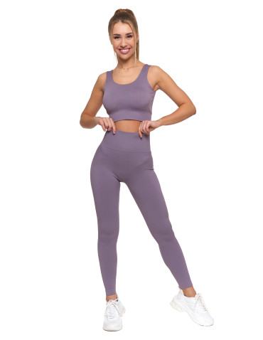 Legginsy - Legginsy damskie sportowe w prążek wysoki stan FIOLETOWY - produkt 6