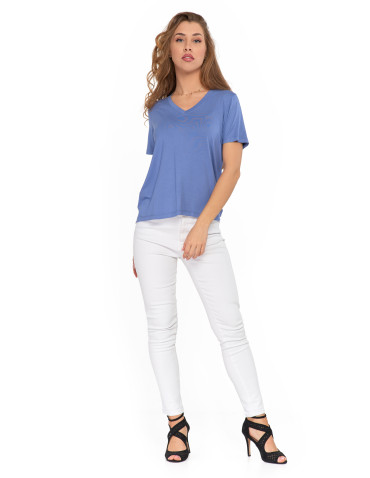 Koszulki i topy - T-shirt damski z nadrukiem z wiskozy NIEBIESKI - produkt 4