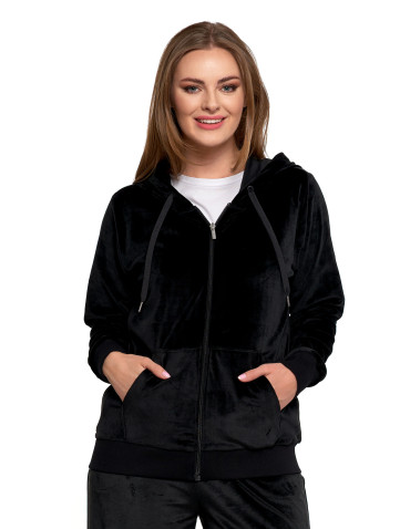 Bluzy - Damska welurowa bluza z kapturem i zamkiem CZARNY - produkt 1