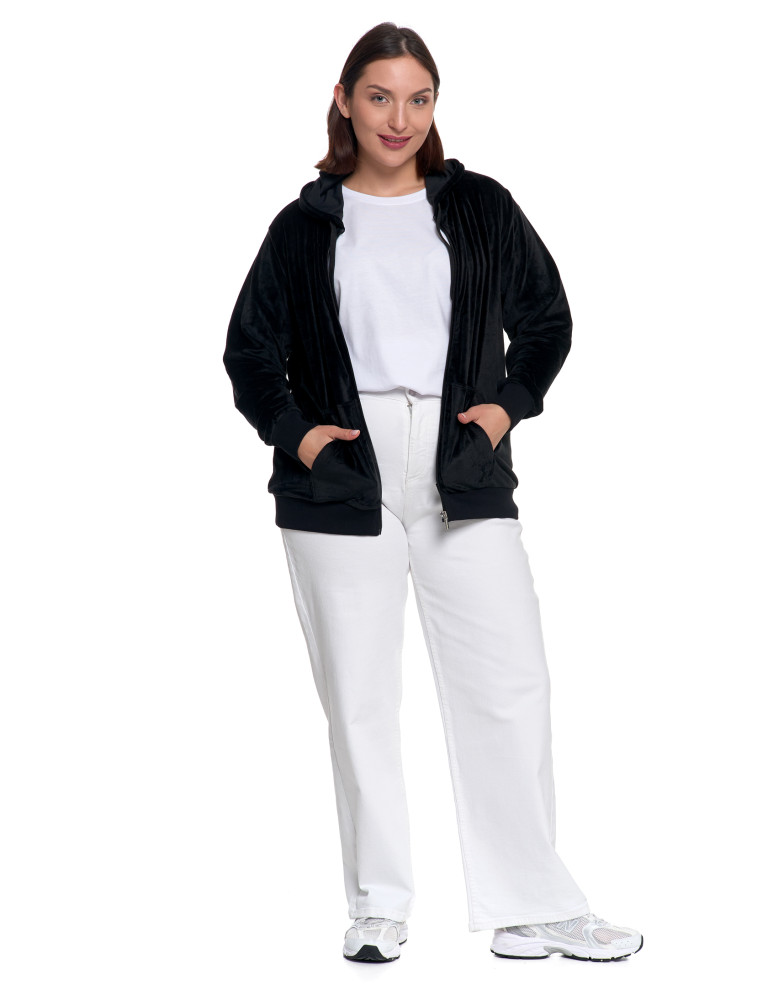 Bluzy - Damska welurowa bluza z kapturem i zamkiem CZARNY - produkt moraj.pl 12