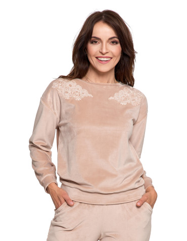 Bluzy - Bluza damska welurowa bez kaptura z haftem BEŻOWY - produkt 1