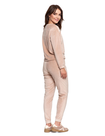 Bluzy - Bluza damska welurowa bez kaptura z haftem BEŻOWY - produkt 12