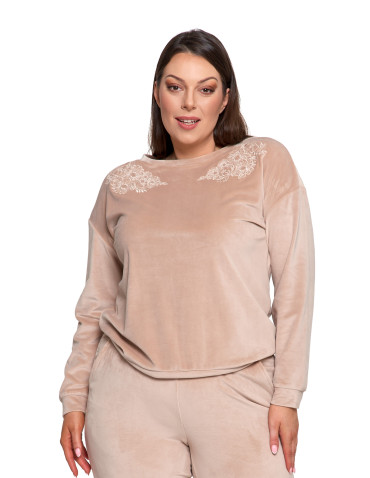 Bluzy - Bluza damska welurowa bez kaptura z haftem BEŻOWY - produkt 13