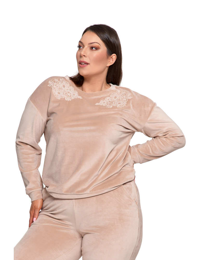 Bluzy - Bluza damska welurowa bez kaptura z haftem BEŻOWY - produkt moraj.pl 14
