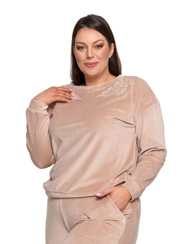 Bluzy - Bluza damska welurowa bez kaptura z haftem BEŻOWY - produkt 16