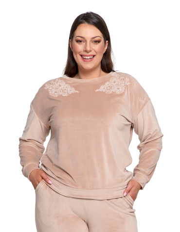 Bluzy - Bluza damska welurowa bez kaptura z haftem BEŻOWY - produkt 17
