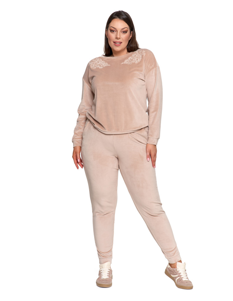 Bluzy - Bluza damska welurowa bez kaptura z haftem BEŻOWY - produkt moraj.pl 18