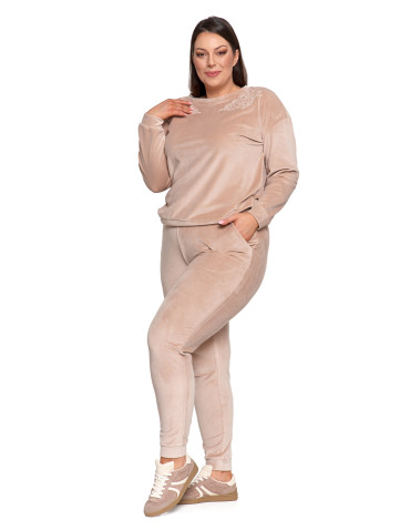 Bluzy - Bluza damska welurowa bez kaptura z haftem BEŻOWY - produkt 19