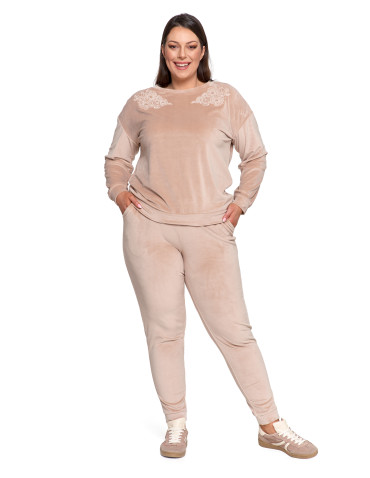 Bluzy - Bluza damska welurowa bez kaptura z haftem BEŻOWY - produkt 21