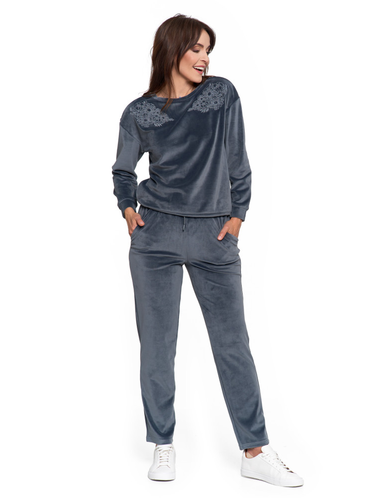 Bluzy - Bluza damska welurowa bez kaptura z haftem GRAFITOWY - produkt moraj.pl 7