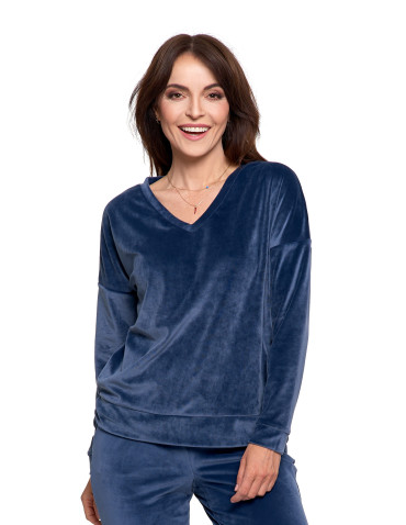 Bluzy - Bluza damska welurowa klasyczna z dekoltem V GRANATOWY - produkt 1