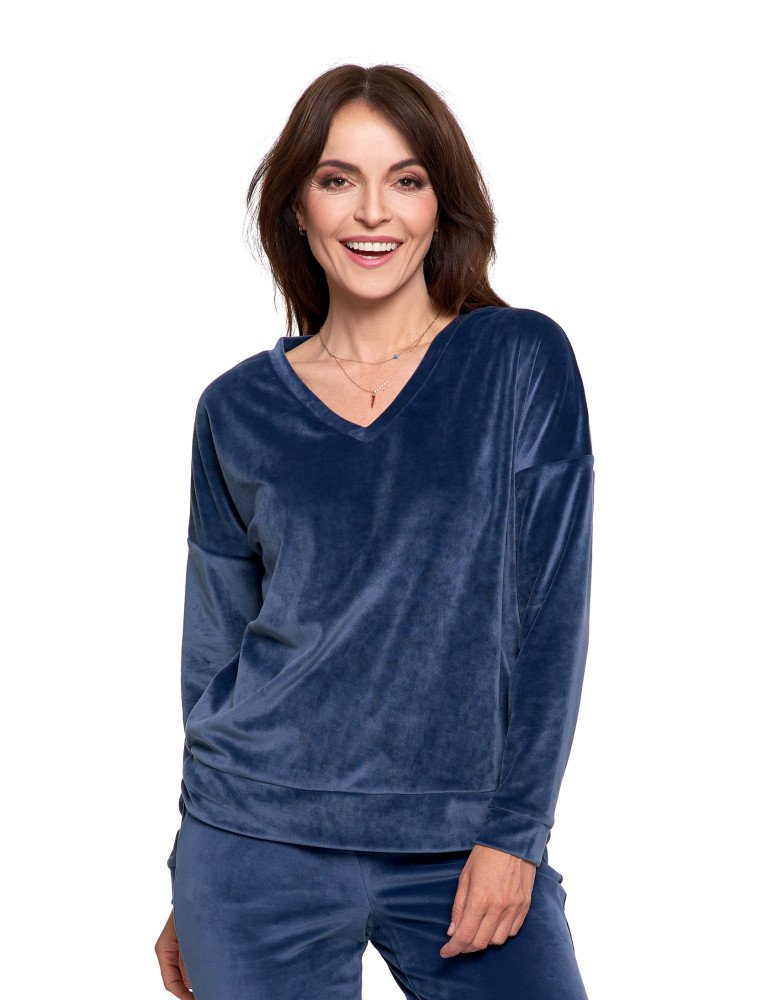 Bluzy - Bluza damska welurowa klasyczna z dekoltem V GRANATOWY - produkt moraj.pl 1