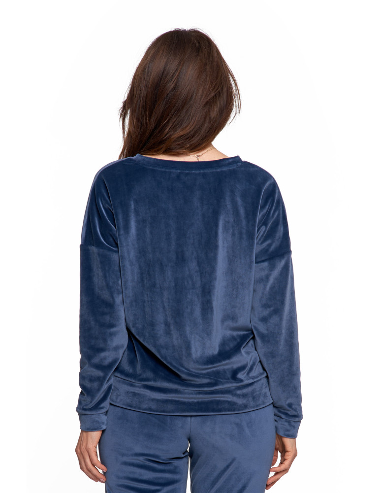 Bluzy - Bluza damska welurowa klasyczna z dekoltem V GRANATOWY - produkt moraj.pl 2