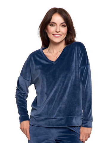 Bluzy - Bluza damska welurowa klasyczna z dekoltem V GRANATOWY - produkt 6