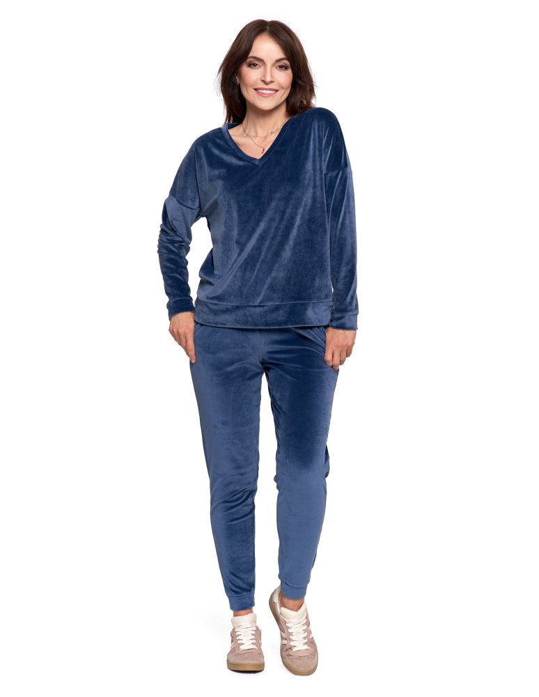 Bluzy - Bluza damska welurowa klasyczna z dekoltem V GRANATOWY - produkt moraj.pl 9