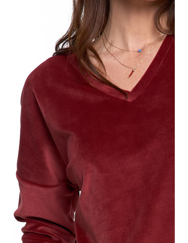 Bluzy - Bluza damska welurowa klasyczna z dekoltem V BORDOWY - produkt 3