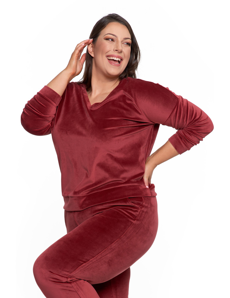Bluzy - Bluza damska welurowa klasyczna z dekoltem V BORDOWY - produkt moraj.pl 14