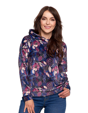 Bluzy - Damska bluza welurowa z kapturem i kieszenią kangurka WZÓR - produkt 1
