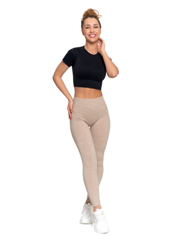 Legginsy - Legginsy damskie ocieplane z wysokim stanem i szerokim pasem BEŻOWY - produkt 1