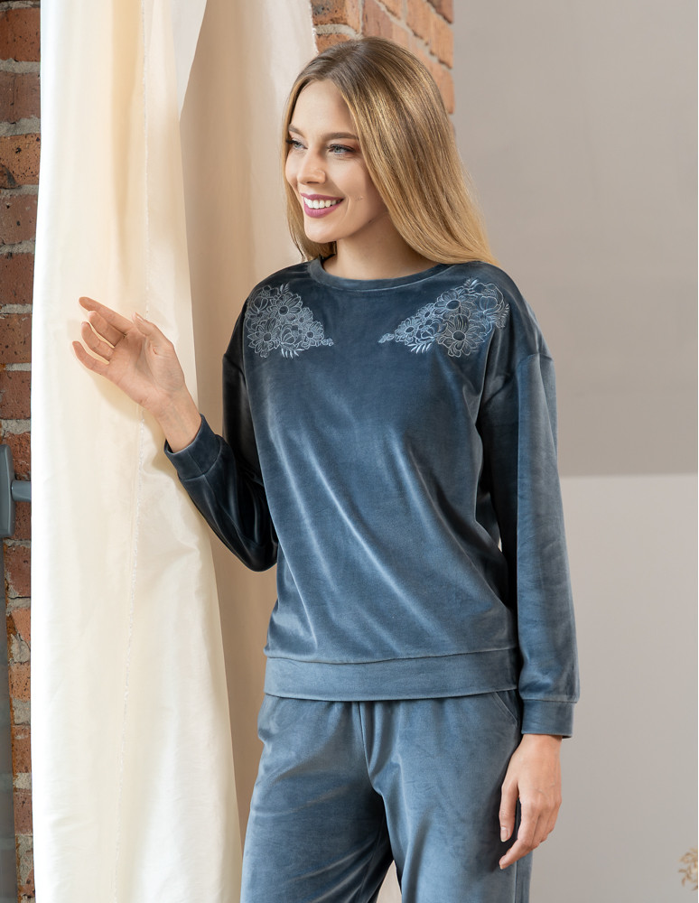 Bluzy - Bluza damska welurowa bez kaptura z haftem GRAFITOWY - produkt moraj.pl 1
