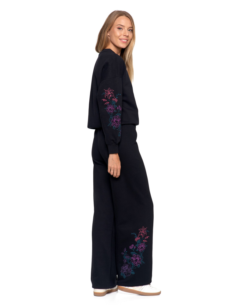 Bluzy - Bluza dresowa damska ocieplana luźna z haftowanymi rękawami CZARNY - produkt moraj.pl 3
