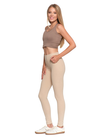Legginsy - Legginsy damskie prążkowane z wysokim stanem BEŻOWY - produkt 2