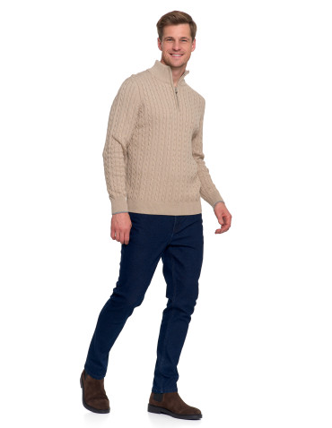 Swetry - Męski sweter dzianinowy z półgolfem i zamkiem BEŻOWY - produkt 1