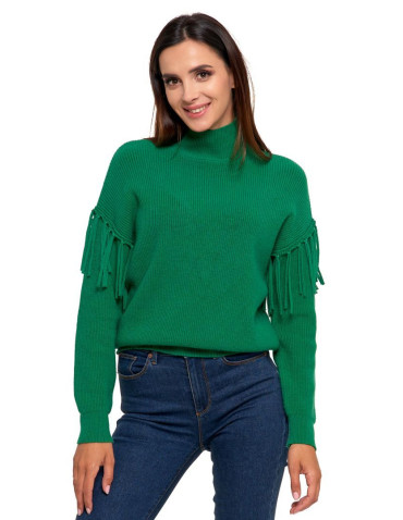 Swetry - Sweter damski półgolf z frędzlami ZIELONY - produkt 1