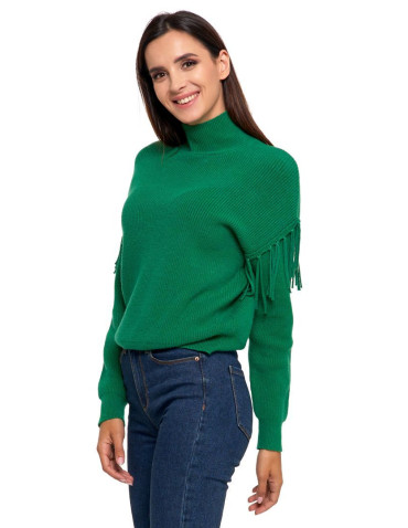 Swetry - Sweter damski półgolf z frędzlami ZIELONY - produkt 7
