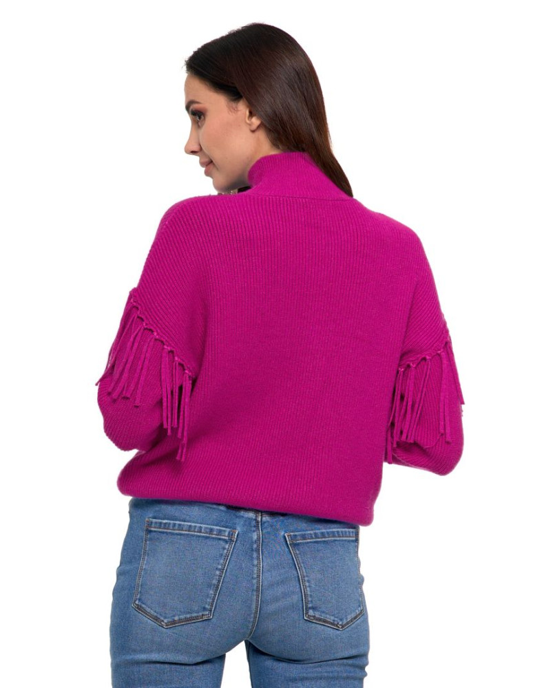 Swetry - Sweter damski półgolf z frędzlami RÓŻOWY - produkt moraj.pl 2