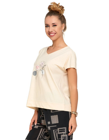 Koszulki i topy - Koszulka damska T-shirt oversize w kwiatowy motyw KREMOWY - produkt 2